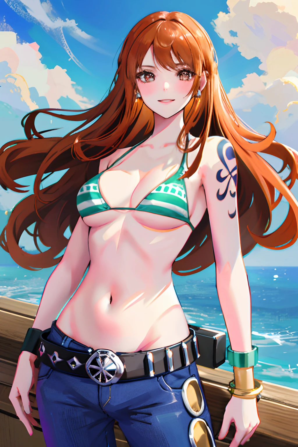 detailed background, masterpiece, best quality, 1girl, solo, nami \(one piece\), 1girl, bangle, bangs, bare shoulders, belt, bikini, bikini top only, blue sky, bracelet, breasts, brown eyes, bubble, cleavage, cloud, cowboy shot, day, denim, earrings, floating hair, green belt, green bikini, groin, jeans, jewelry, large breasts, log pose, long hair, looking at viewer, navel, orange hair, pants, shoulder tattoo, sidelocks, sky, smile, solo, standing, stomach, swimsuit, tattoo , looking at viewer