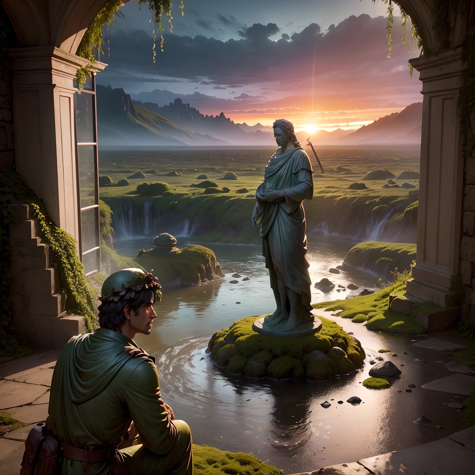 desenho realista, Rendered computer graphics, fantasia realista, Extensa paisagem ultra fotografia (General view showing an ancient battered stone statue covered in moss-covered ivy, a male statue in the form of a military statue), darkeness, Noite, Fundo desfocado, sombrio, azul, Escuro, cinza, fundo roxo, cinza, frio, magica, "Montanhas majestosas," "florestas exuberantes," "Lagos brilhantes," "dunas do deserto," "Sunset with lots of rain in 8k