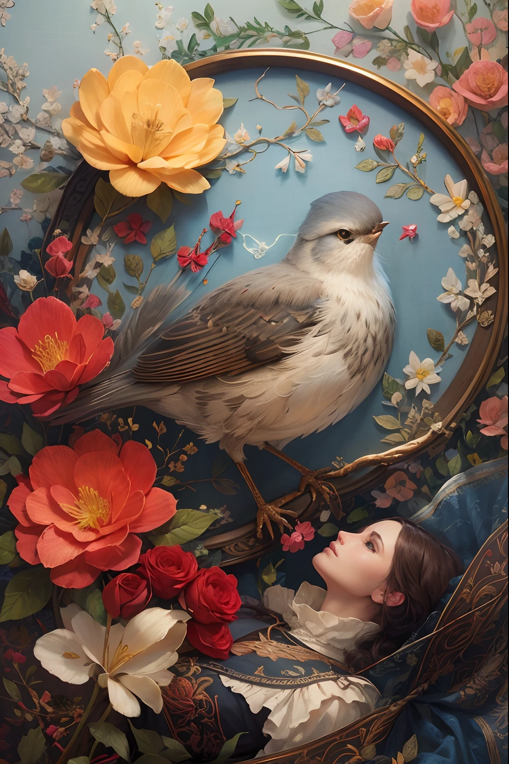 nightingale, needle point, silk tapestry, embroidery, fabric, whimsical, flower background, beautiful lighting, intricate details, Unreal Engine, creative, expressive, detailed, colorful, digital art, HW*