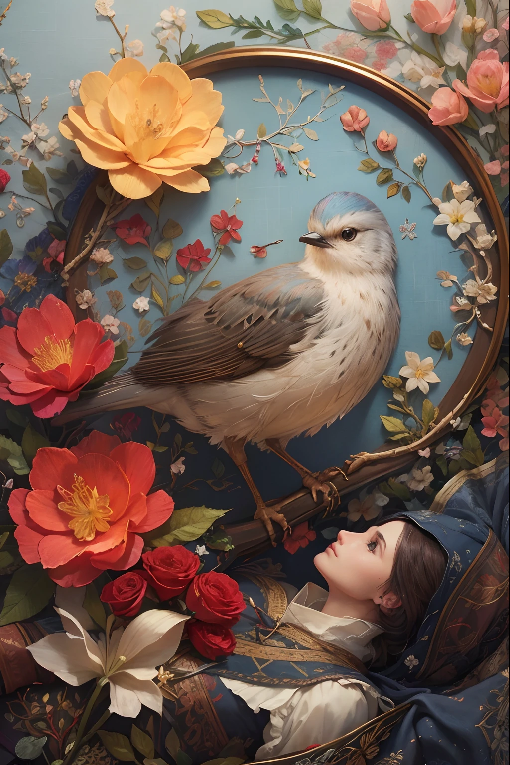 nightingale, needle point, silk tapestry, embroidery, fabric, whimsical, flower background, beautiful lighting, intricate details, Unreal Engine, creative, expressive, detailed, colorful, digital art, HW*