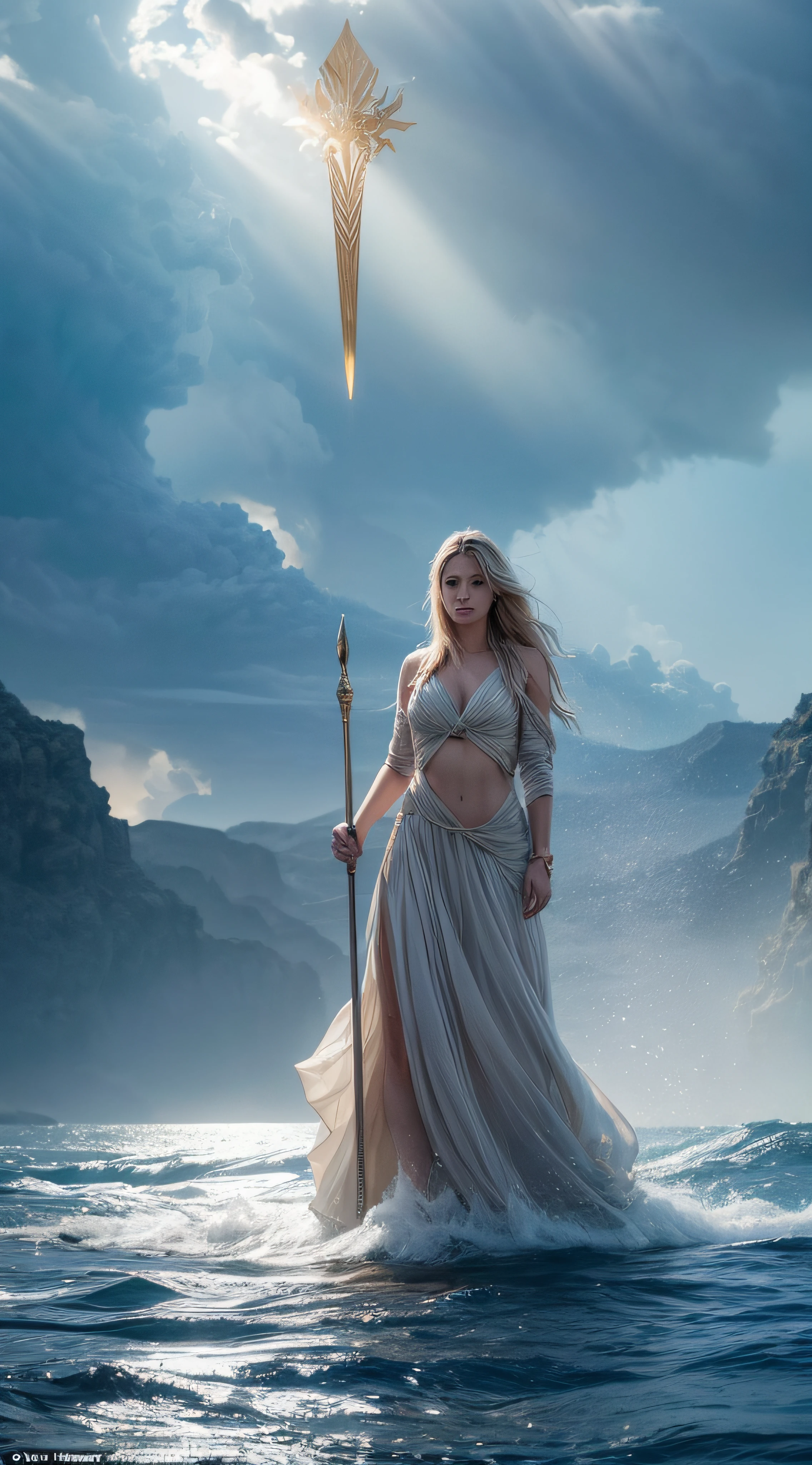 (a female model standing & more action pose , full body)(must realistic,)Craft a photorealistic scene portraying the biblical account of Noah parting the sea using a staff. Depict Noah standing at the water's edge, holding a staff high above his head, as towering waves split apart on either side of him. Capture the immense scale and power of the water as it forms a dramatic corridor, showcasing the forceful separation of the sea. Utilize lighting to emphasize the divine nature of the moment, with rays of light breaking through the clouds and casting an ethereal glow. Convey the sense of awe and reverence that this miraculous event elicits, while highlighting Noah's pivotal role in fulfilling a divine purpose.