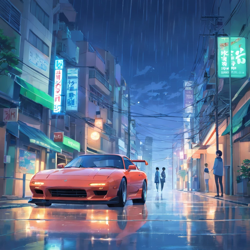 Um RX-7 FD, dirigindo na cidade, chuva forte, noite, ambiente escuro, cidade iluminada