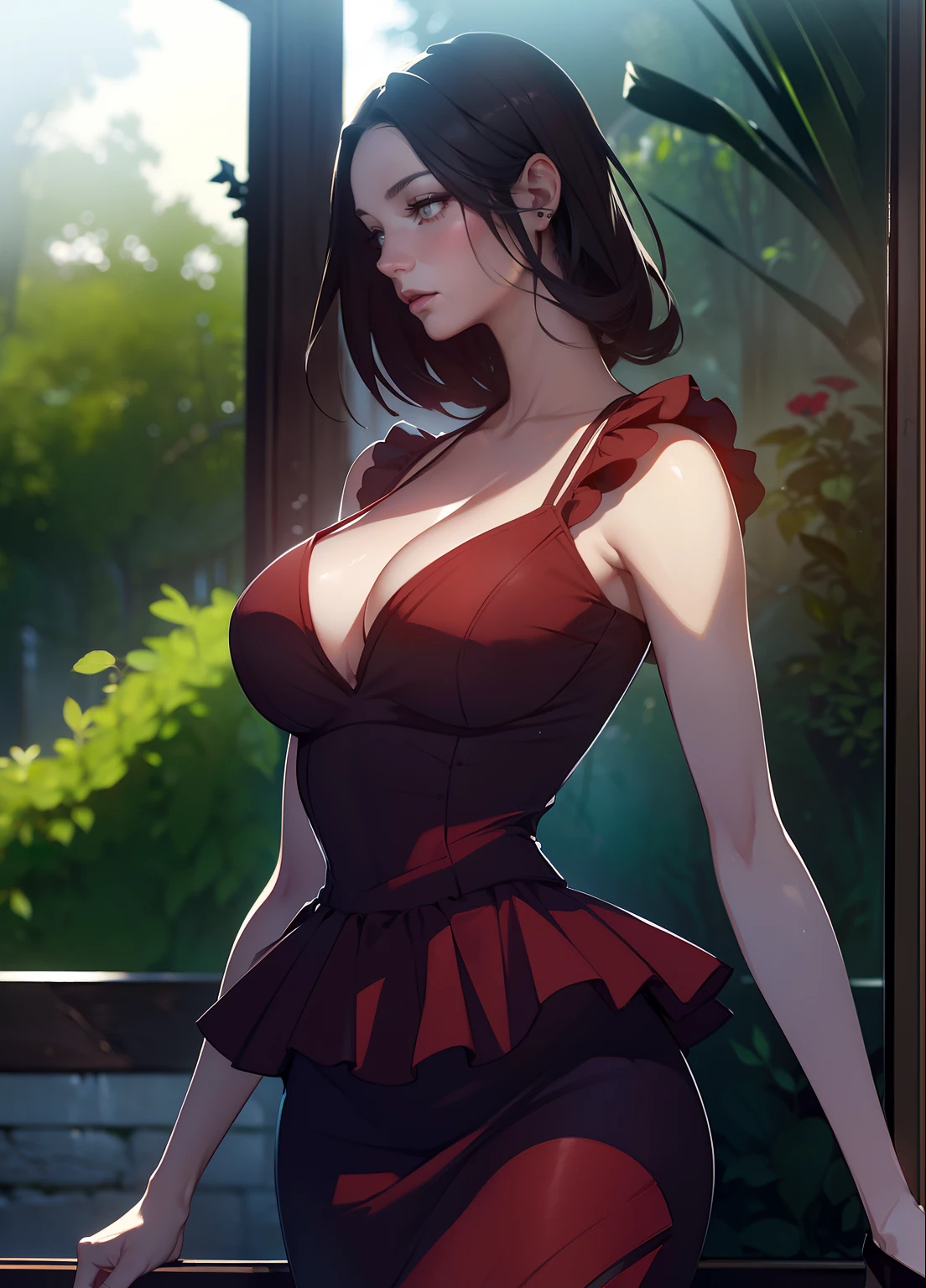 lndswgnr, (Sharp Focus: 1.5), (Sharp Focus:1.2), Photo, attractive young woman, (Beautiful face:1.1), Detailed eyes, luscious lips, (Bold red lip color:0.85), (medium breasts:1.0), (Slim body:1.2), Wearing (1980s Peplum Dresses:1.2) で (Botanical Garden:1.2). (Moody lighting:1.2), depth of fields, Bokeh, 4K, nffsw. in door (by James C. Christensen:1.2|Jeremy Lipking:1.1).