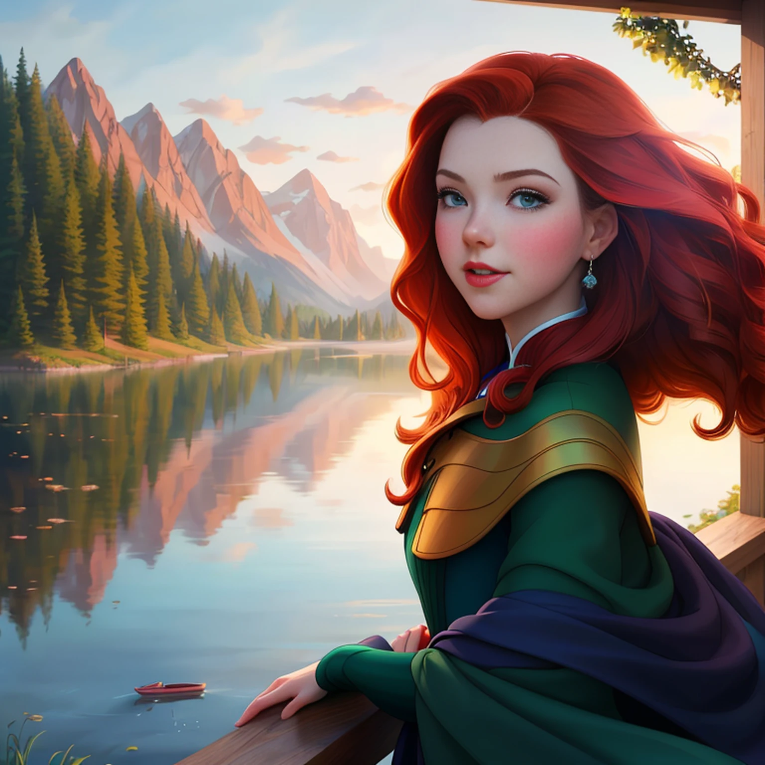 A closeup of a woman with long red hair standing near a lake, portrait of princess merida, Artgerm e Atey Ghailan, estilo de arte disney, arte conceitual disney, Shallan Davar, Arte no estilo da Disney, Atey Ghailan 8 K, arte disney, Alena Aenami e Artgerm, arte disney