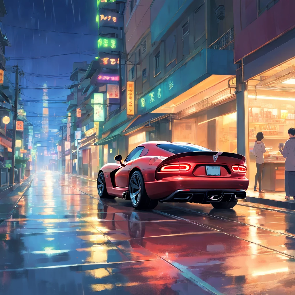 Um Dodge Viper, dirigindo na cidade, chuva forte, noite, ambiente escuro, cidade iluminada
