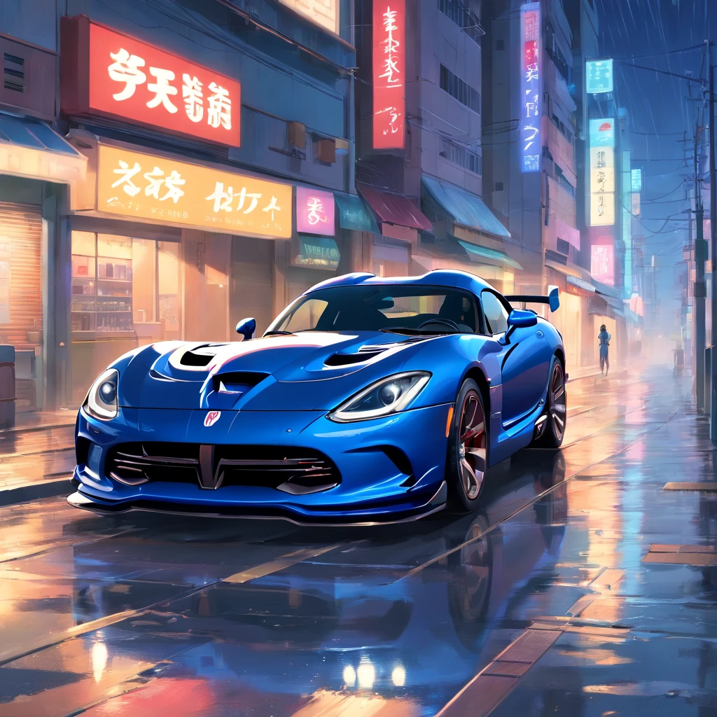 Um Dodge Viper, dirigindo na cidade, chuva forte, noite, ambiente escuro, cidade iluminada