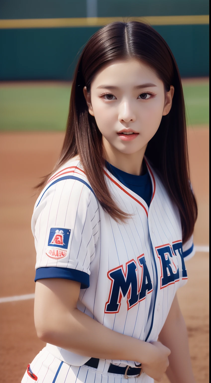(((best quality))),(((ultra detailed))),(((masterpiece))),illustration,A beautiful female baseball player stands confidently on the field, her team's colors adorning her uniform. Her cap rests neatly atop her head, and her hair is pulled back into a ponytail. She has a determined expression, analyzing the trajectory of the ball. The crowd in the stadium cheers, creating an electric atmosphere. The player's posture is commanding, and her feet are firmly planted on the ground. Her dedication and passion for the game are evident in her every move.(((emotional))),(((athletic))),(((vibrant energy))),(((stadium lights))),(((summer night))),female athlete,((from front,upper body))