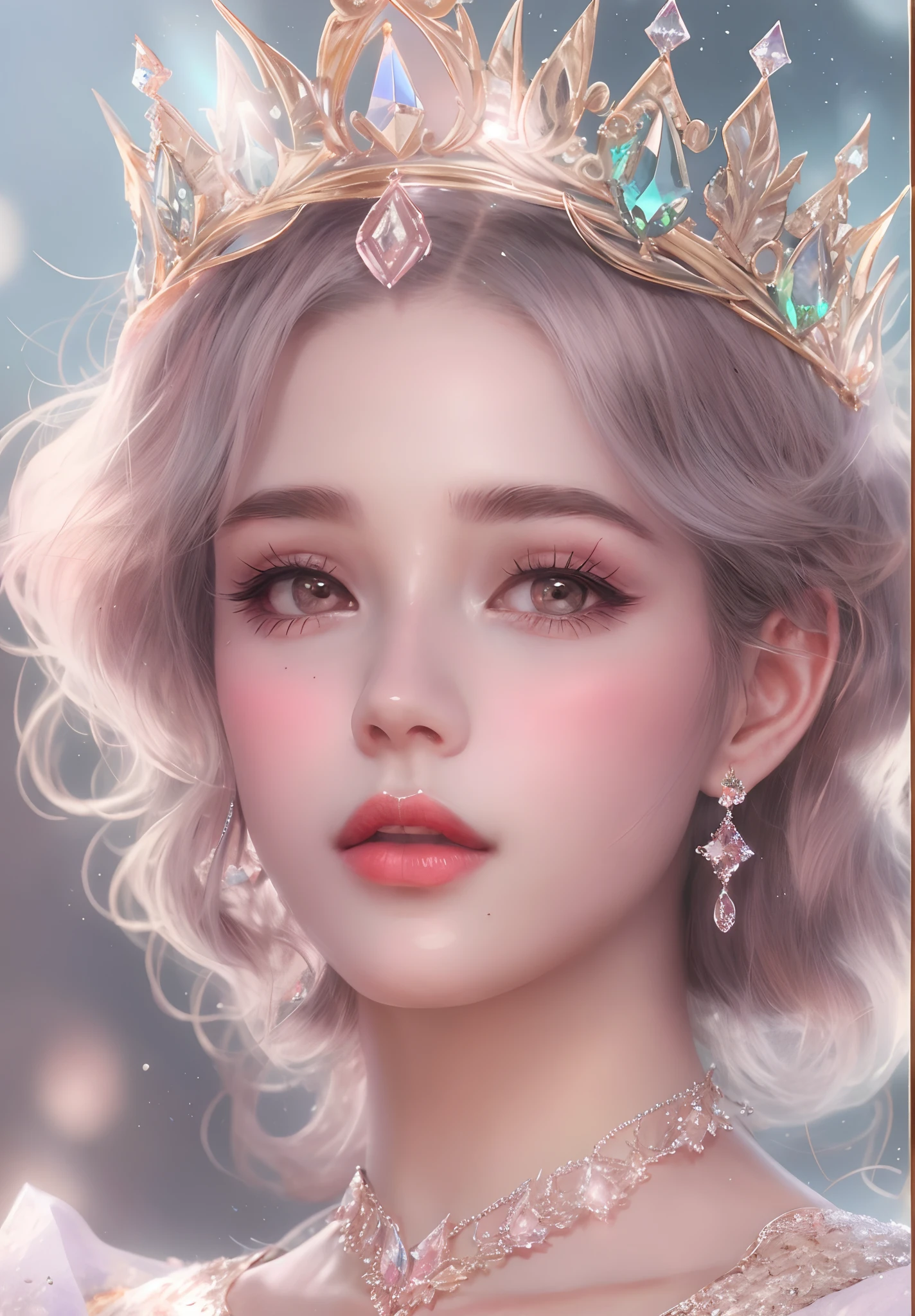 A (chest height photo: 1.2) a beautiful princess wearing transparent crystal crown, pastel colors, goddess, gentle face, perfect face, highly detailed, ultra-realistic, masterpiece, art station, best quality, atmospheric lighting, movies, 8K realistic skin, cheek blush, realistic skin