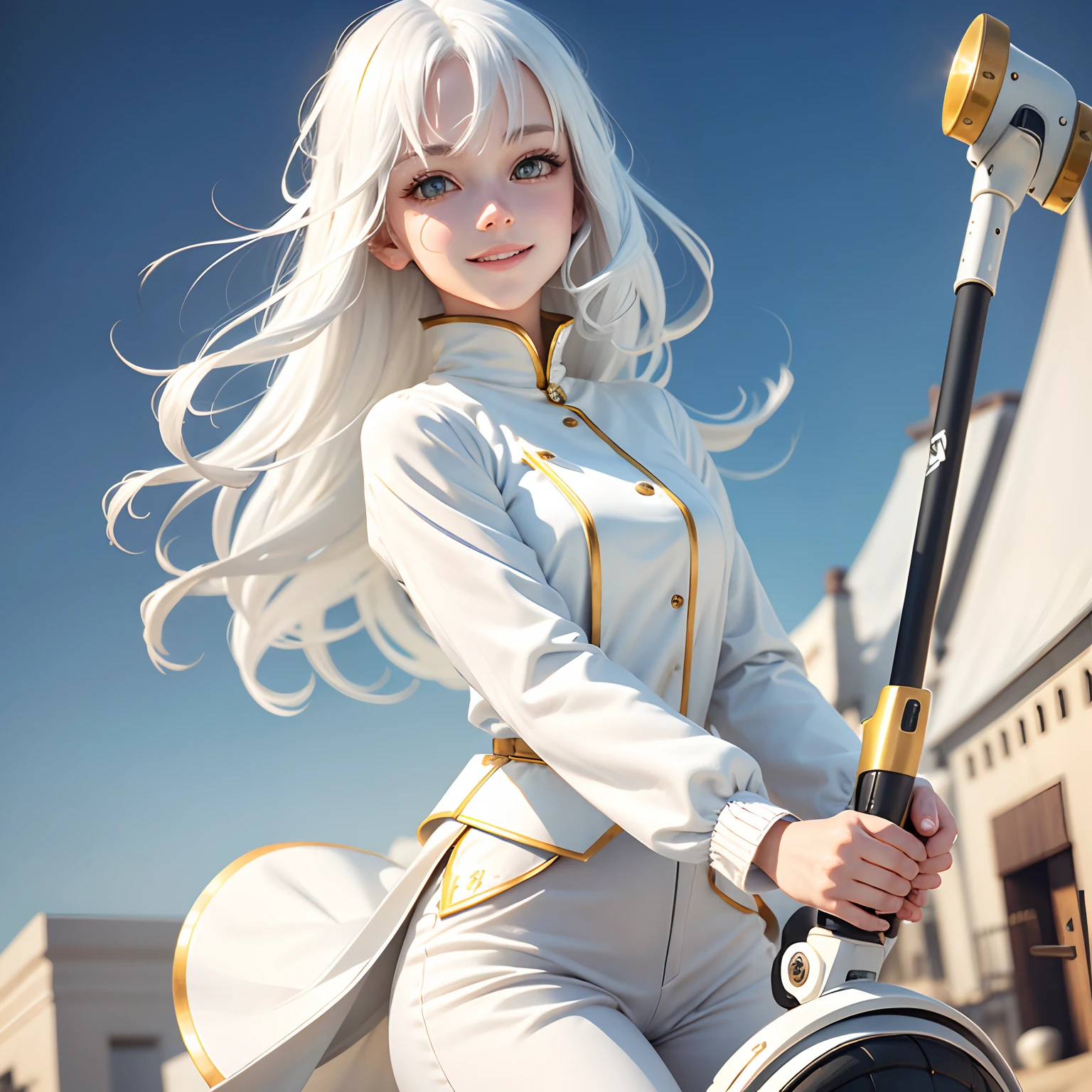 best quality, white hair, gold eyes, white clothes, looking up, upper body, hair strand, Fair skin, smiling, Riding a Segway