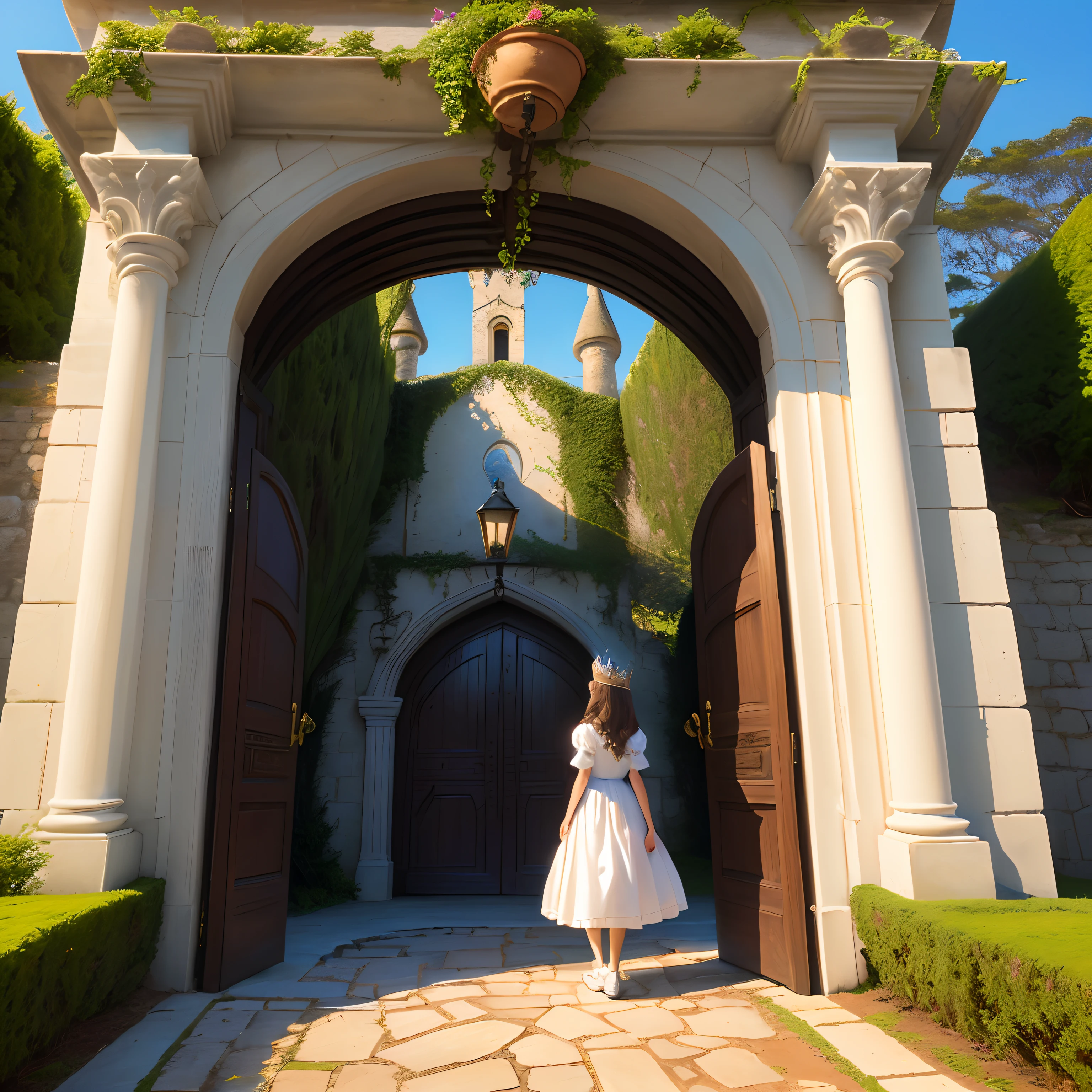 Um castelo lindo com jardim e uma princesa na porta do castelo
