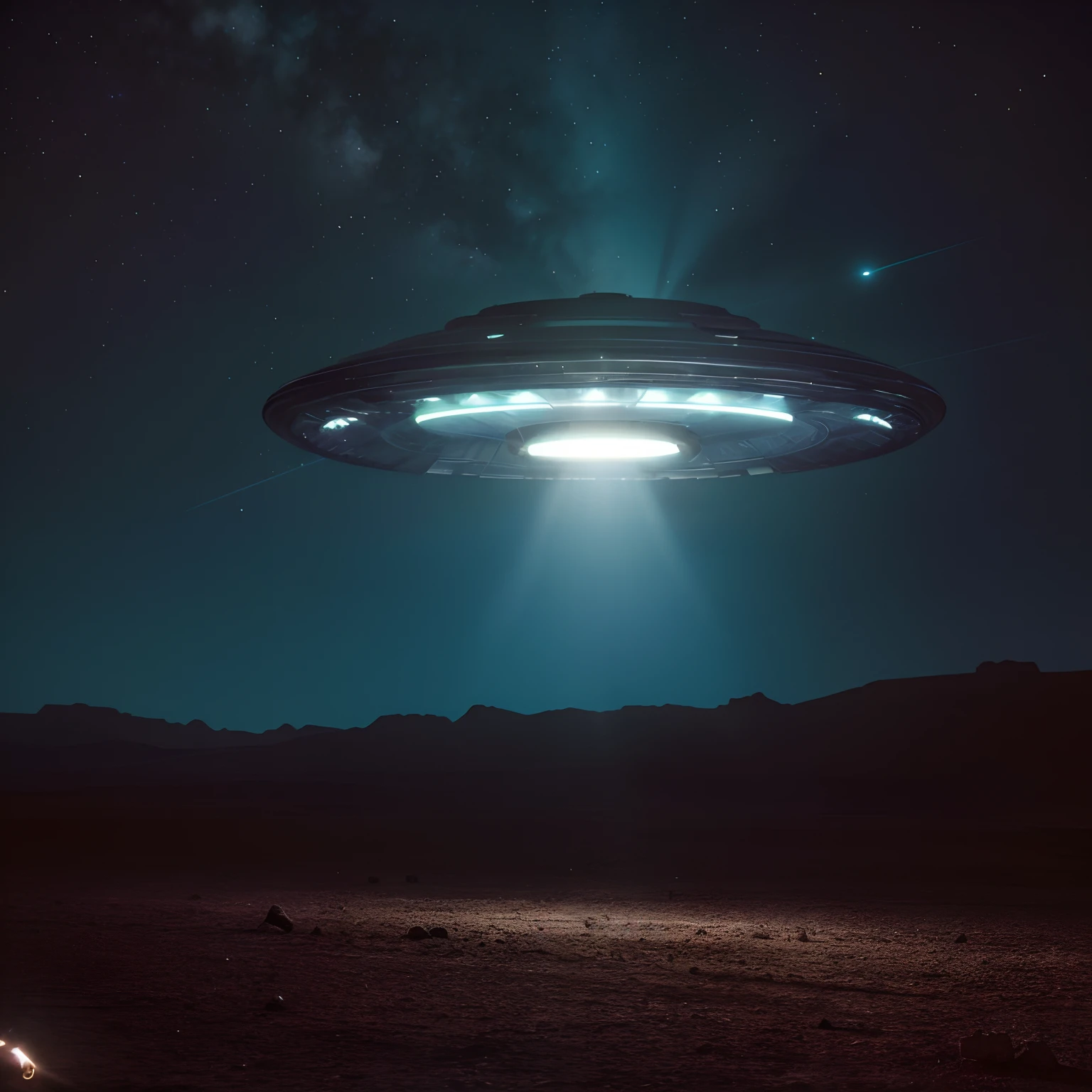Spaceship flying over a desert landscape at night with stars, Rapto de OVNIs, alien spaceship in the sky, Pouso de OVNIs, alien spaceship, alien mothership in the sky, of a UFO propulsion system, OVNI, ufo aliens, ufo lighting, alien space ship flying in space, extraterrestre, alien abduction, OVNIlogia, flying saucer in the sky, Foto RAW de uma paisagem com um disco voador, ovni,
 ufo,pequenos detalhes, 
fotorrealista, 
foto ultrarrealista,
 8k uhd, dslr, soft-lighting, 
alta qualidade, grain of film, Fujifilm XT3, 
obra-prima, disco voador photo in a studio,
 disco voador super detalhado, imagem de alta qualidade, foto profissional,
obra-prima, melhor qualidade, alta resolução: 1.4), 
1ufo, disco voador, textura de metal, brushed steel,HD, fotografia, filme, 
cinemactic, realista, (8k, foto RAW, melhor qualidade, obra-prima: 1.2), 
(realista, foto-realista: 1.33), melhor qualidade, disco voador, ufo, ovni, unidentified dish-shaped flying object, 
Realistic and detailed lighting on the flying saucer, profundidade de campo,
 grain of film, textura do ufo detalhada,
 foto, imagem nitida, realista de um disco voador.