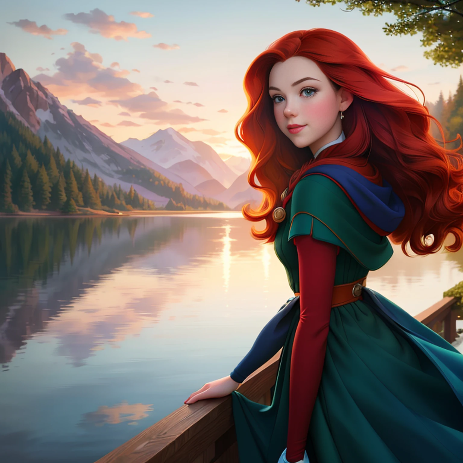 A closeup of a woman with long red hair standing near a lake, portrait of princess merida, Artgerm e Atey Ghailan, estilo de arte disney, arte conceitual disney, Shallan Davar, Arte no estilo da Disney, Atey Ghailan 8 K, arte disney, Alena Aenami e Artgerm, arte disney