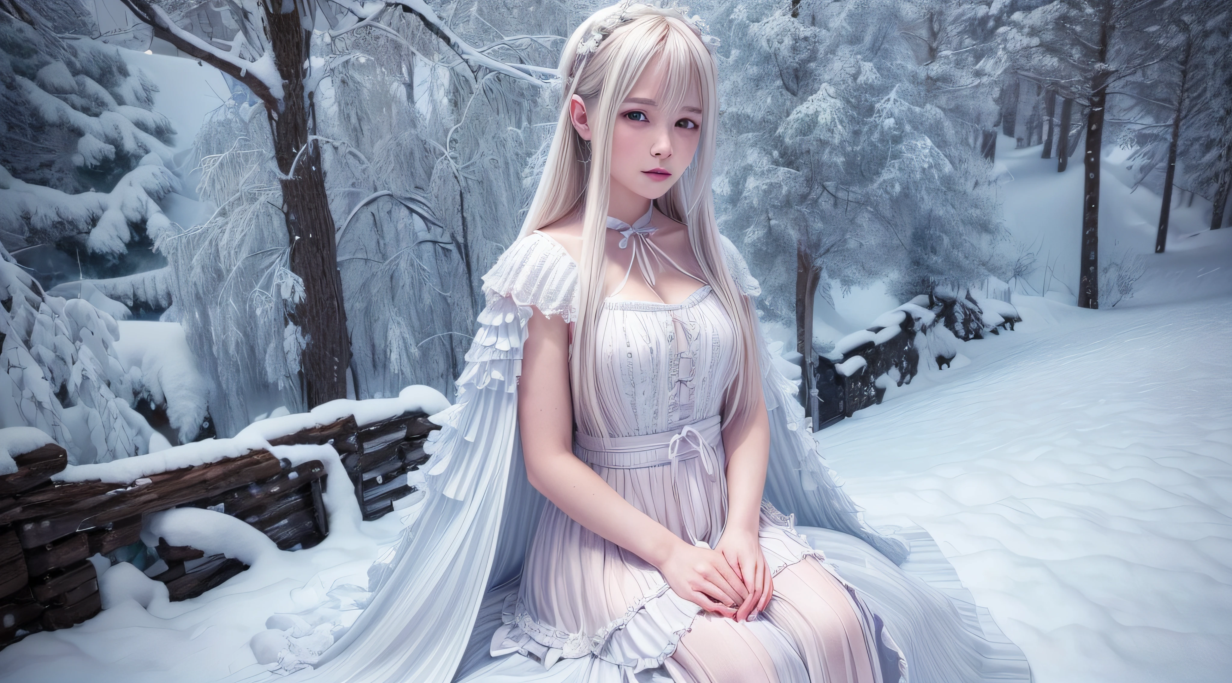 (8K, RAW photo, Photorealistic:1.4), high resolution, 1 Women, Solo,。.。.。.。.。.3D,Sitting,(Lolita costume),Wear a flowing skirt, Beautiful eyes, White hair, ringed eyes, (sitted,Cloak,Heavy snow),snowfield