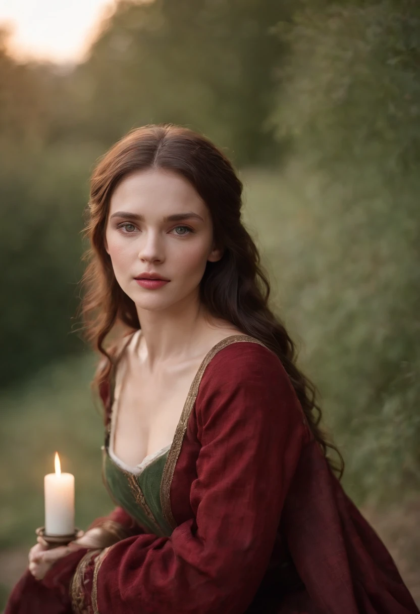 (((A deep red wound streaked across her left cheek))) Fair complexion, A woman around 19 years old, Natural brunette hair, Unique green eyes, Wear Cole, Slender and graceful, Beautiful, Candlelight in a medieval setting, super sharp focus, realistic lens, Medieval women's clothing, Open chest,plumw,Four colors (Scar:1.4)