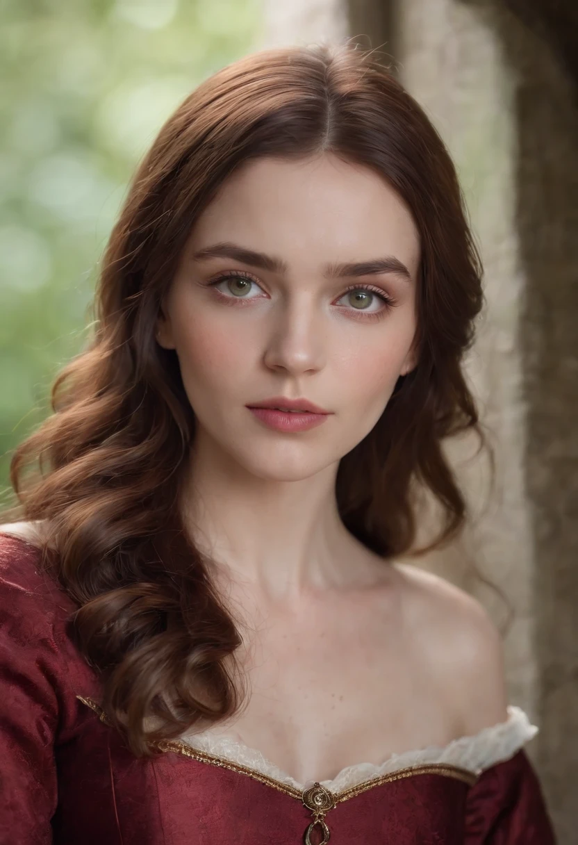 (((A deep red wound streaked across her left cheek))) Fair complexion, A woman around 19 years old, Natural brunette hair, Unique green eyes, Wear Cole, Slender and graceful, Beautiful, Candlelight in a medieval setting, super sharp focus, realistic lens, Medieval women's clothing, Open chest，plumw，Four colors (Scar:1.4)