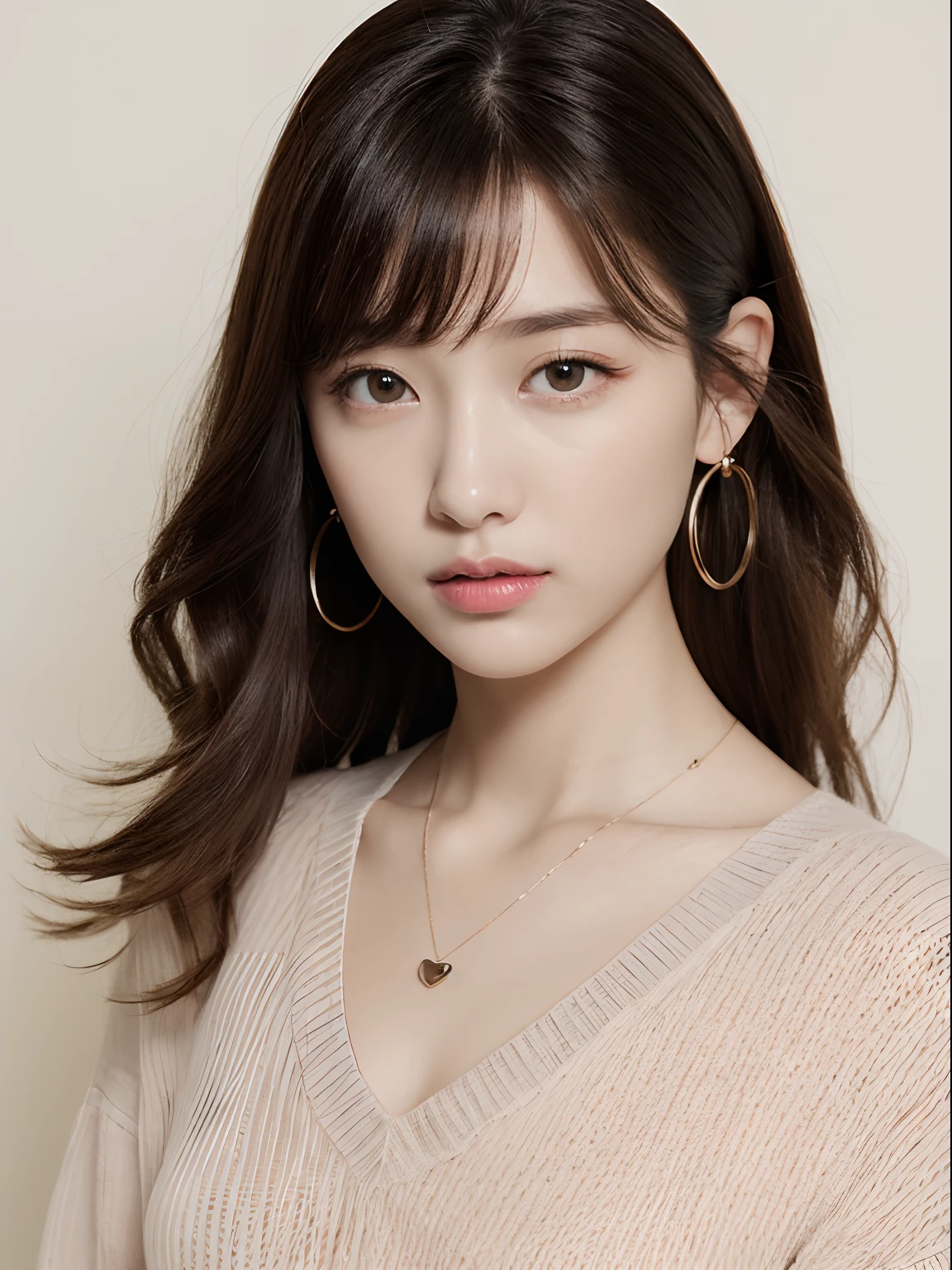 top-quality:1.3、​masterpiece、hight resolution、［1 girl in］、｛独奏｝、Raw photo、Real person、Detailed skin、japanes、brawn hair、thin bunches of bangs、waved hair、Floating hair、fullllbody,Sweat knitwear、catchlight、piercings、a necklace、white walls
