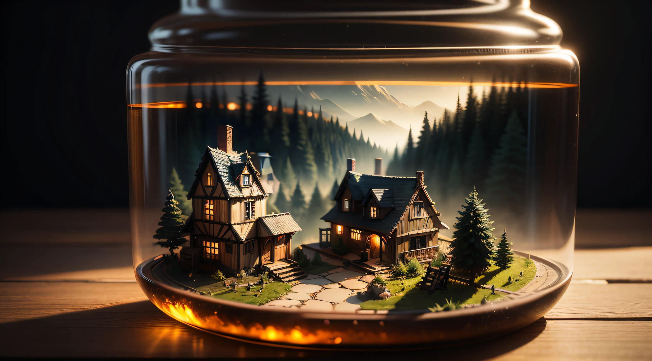 (Concept Art), (Intricate Forest Mini Town, Village, Landscape Trapped in a Bottle), Biome, Thick Glass, Weathered, Atmospheric Oliva Lighting, On the Table, 4k UHD, Dark Resonance, Ultra Detailed, Vivid Colors, Epic Composition, Octane Rendering, Sharp Focus, Detailed, Complex, (Reflection, Refraction, Caustic: 0.6), (High Resolution Isometric), 8K, HDR, Realistic: 1.4
