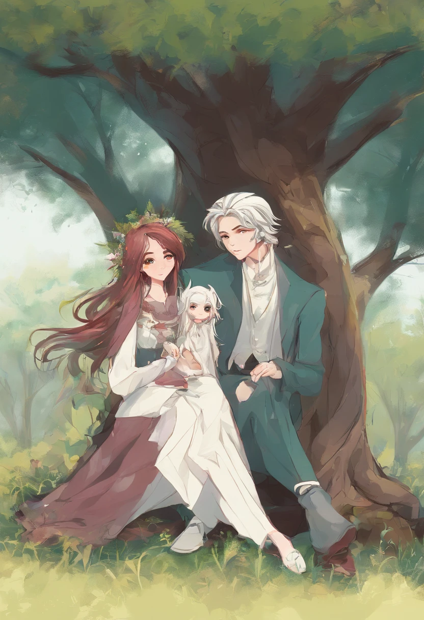 um casal apaixonado: um rapaz branco de olhos azuis e cabelo preto e liso parecido, e uma menina de pele branca de cabelos vermelhos de olhos verdes. Hugged and sitting on the grass under a tree.