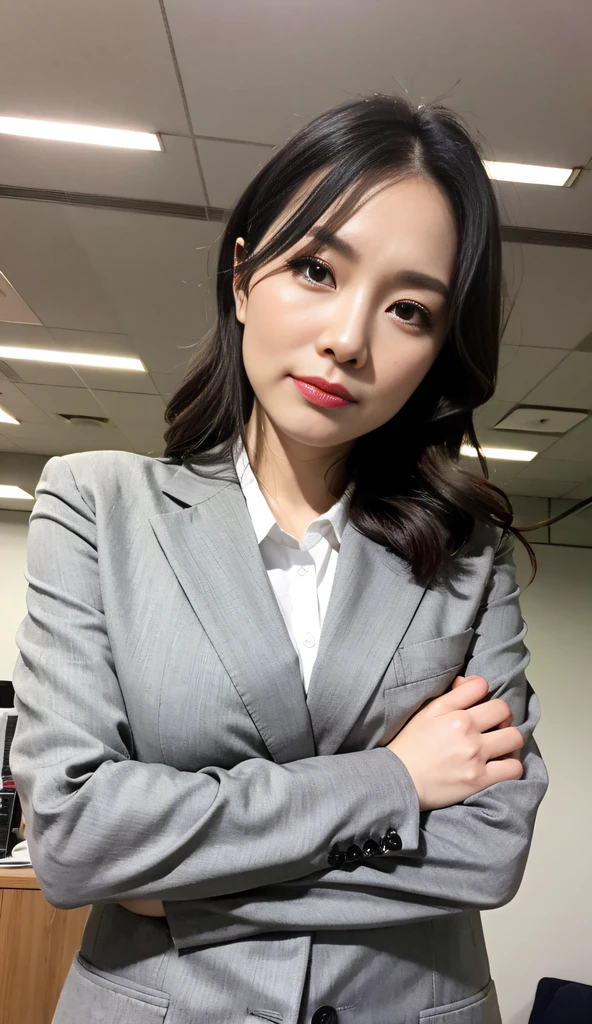 masterpiece,best quality, (1 milf), ((close up:0.5, tilt:0)), ((cross arms)), glare, gray blazer, white shirt, double eyelid, eyelash, lip gloss, (angry:1, ), ((close eyes:0.85)), ((Looking at Viewer)), RAW, (from below:1), ((nobody)), office,