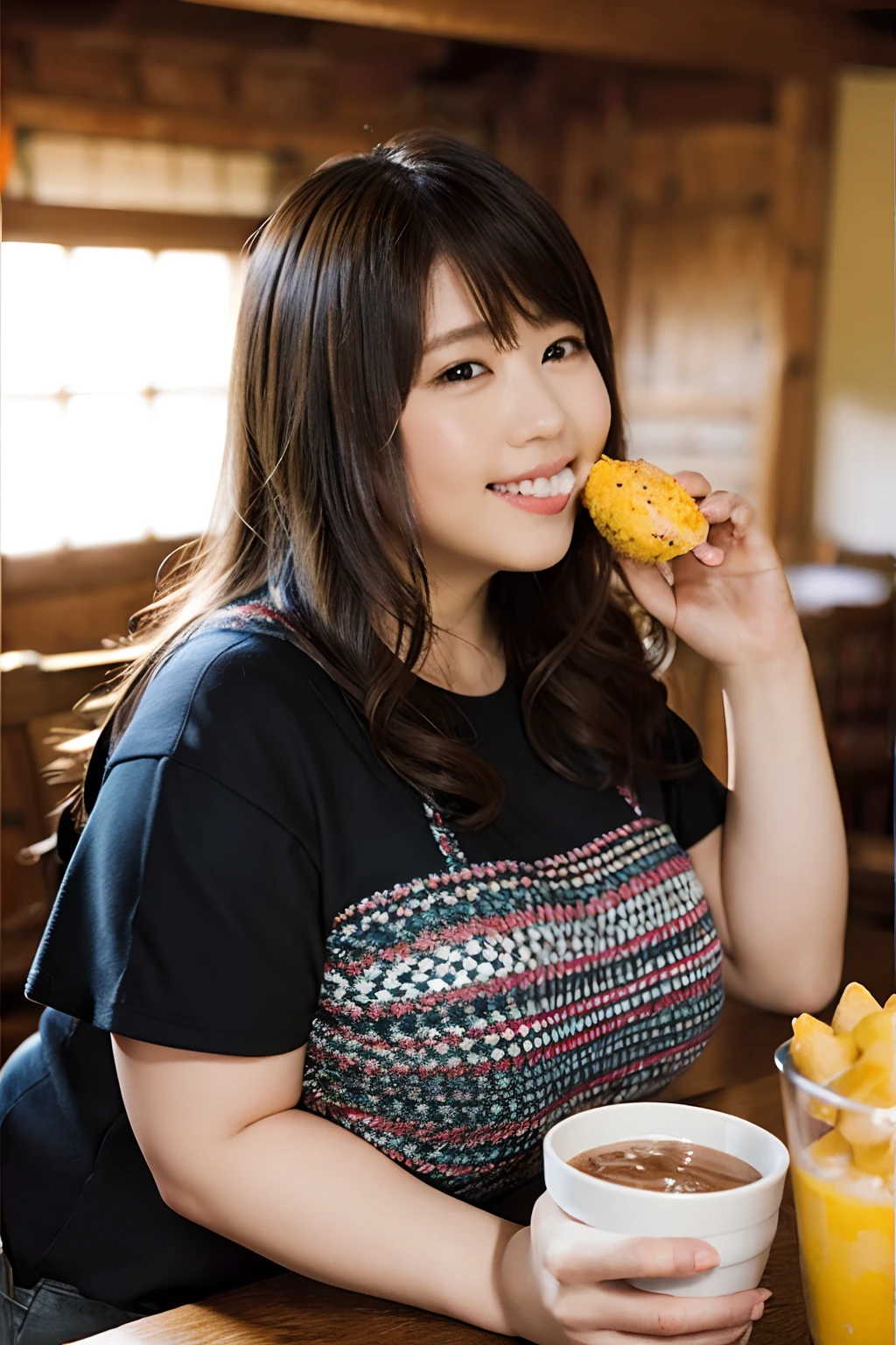 (8K、Raw photography、top-quality、​masterpiece:1.2)、(realisitic、Photorealsitic:1.37)、ultra-detailliert、超A high resolution、女の子1人、There is a village frame pure、Kasumi Arimura、beautifull detailed face、Smile、Fat face、fatness、(Very fat style) :1.3)、Hungry clothes、Beautiful detailed skin、Skin Texture、profetional lighting、full body Esbian、(Obese body)、Eating sweets、Eating sweets