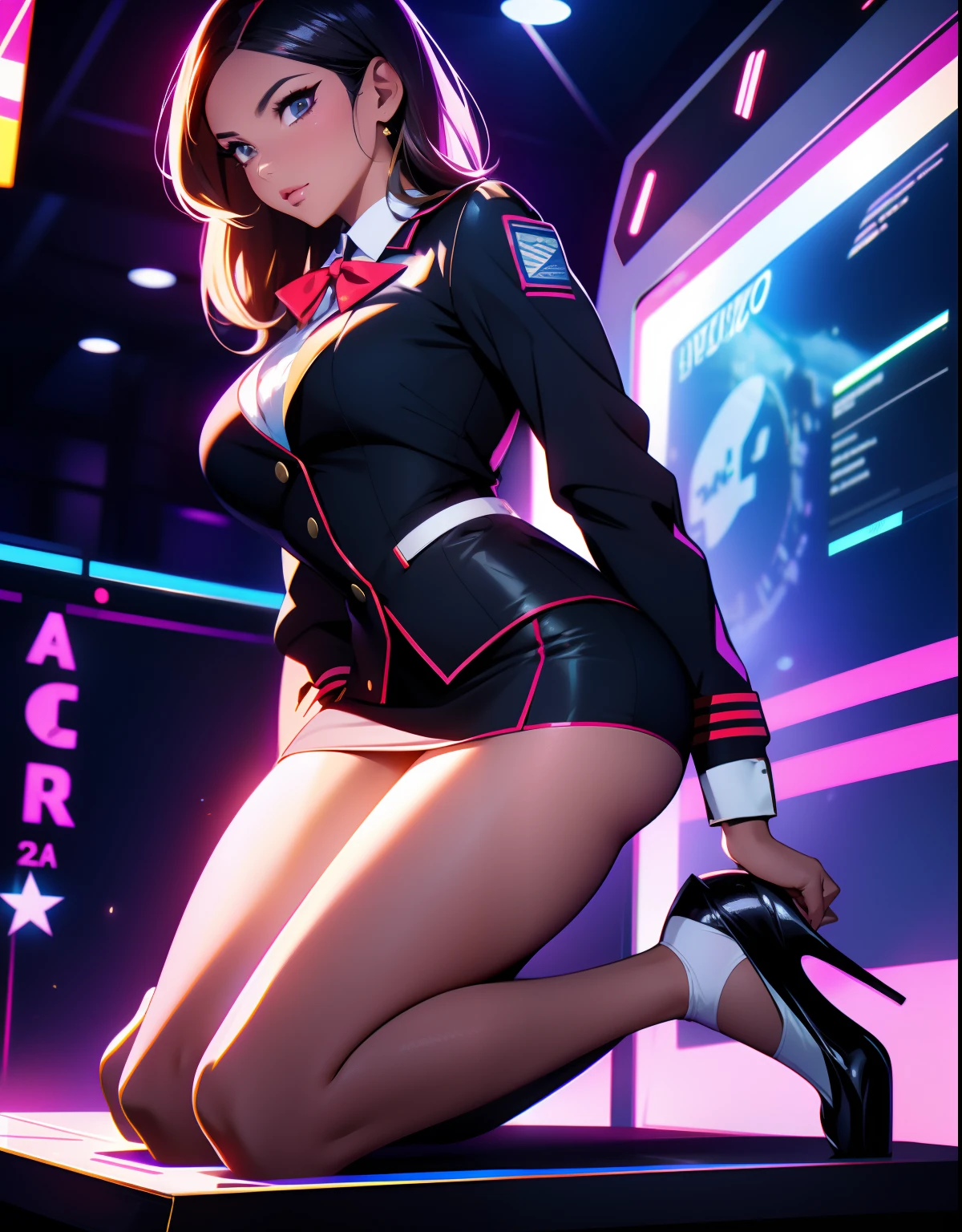 Hyper realistic, Sophie Lowe, thick thighs, big ass, passionate, sitting with her legs open on the bed in her bedroom, while a few flashes of neon lights illuminate the room, beautiful, hot and sensual, the most beautiful woman in the world.