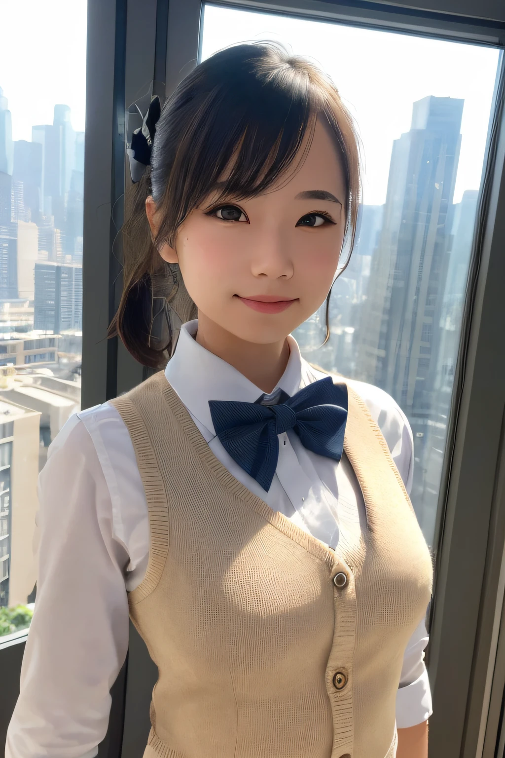 1girl, matured female, vest, bow, photo, realistic, best quality, hires, detailed face, office, buildings from window, detailed background, diffused sunlight, depth of field, bokeh
