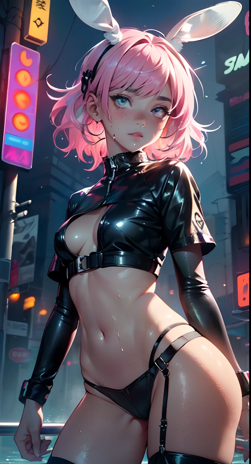cute little bunny loli,(((little loli,small tiny body,petite))),(((6 years old))),((little bunny loli with extremely cute and beautiful fuchsia hair)),(((bunny girl,anthro furry cute,bunny-girl))),(((bunny ears,bunny ears on head,big bunny ears))),

(((flat chest))),(((fuchsia hair:1.35,short fuchsia hair,colored inner hair,ear breathing,))),(((heterochromia:1.5,eye1 fuchsia,eye2 pink))),intricate eyes,beautiful detailed eyes,symmetrical eyes,big eyes:1.5,(((freckles on the face,freckles,freckled girl))),(((lustrous skin:1.5,bright skin: 1.5,skin tanned,shiny skin,very shiny skin,shiny body,plastic glitter skin,exaggerated shiny skin,illuminated skin,wet legs))),(delicate detailed fingers,detailed body,human hands,(detailed face)),

cute,slutty,,erotic,(((nsfw))),

zettai ryouiki,revealing clothing,show skin,((rave shirt,neon colored shirt,rave mini-skirt,visible thong straps)),(wearing a rave outfit:1.3,rave clothes,semi-naked,with little clothing),((wet clothes,intricate outfit,intricate clothes)),

(dynamic pose:1.0),solo focus,embarrassed,(centered,scale to fit dimensions,Rule of thirds),

cyberpunk city by the ocean at night, with bright neon signs and dark stormy clouds and puddles, scenery:1.25,

highres, sharp focus, (ultra detailed, extremely detailed), (photorealistic artwork:1.37),(extremely detailed CG unity 8k wallpaper),((synthwave background theme)),(((vibrant colors))),(intricate background),(masterpiece),(best quality),