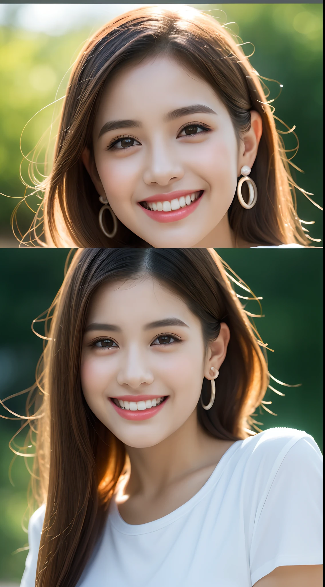 (8k, RAW Photos,Best Quality, High Resolution:1.1), (Hyperrealistic:1.4),(Realistic, Photorealistic:1.3), Soft Light,Big,2 Girls,Realistic Face,Realistic Body,Realistic Skin,Absurdity,Masterpiece,(Cute:1.8), Cuties, Solo, (Big:1.2), Detailed Black Eyes,Innocent Eyes,Blusher,(T-Shirt:1.2 ),Cinema Light,Film Grain,Jewelry,Earrings,((Medium Hair:1.1)),((Floating Hair Novafrog Style)),Cherry Colored Lips,Hair Ribbon,Hair Bow,Ponytail,Close Up,Look Viewer,Long Hair,Upper Body,Open Lips,Top Teeth, (Smiling Eyes:0.6),((grinning:1.2)),Depth of Field, Blurred Background, Eye Focus , Bokeh,Young, 85mm Lens, f/1.4,Professional Lighting, Young,Portrait,Photon Mapping,Radiosity,Physically Based Rendering,Asian