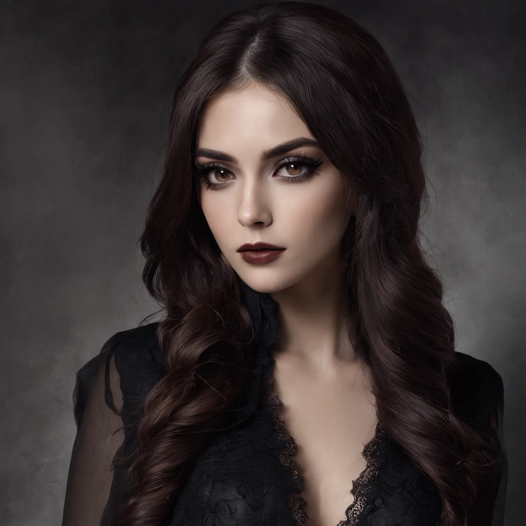 (melhor qualidade,Altas,ultra-detalhado),Dark and mysterious girl with brown eyes and symbolic Gothic clothes,arame farpado cobrindo seu corpo,Cabelo castanho longo escuro,fios cinzentos nas extremidades,Retratos,foco nítido,profissional,Bokeh,dramatic lighting,paleta de cores escura e mal-humorada