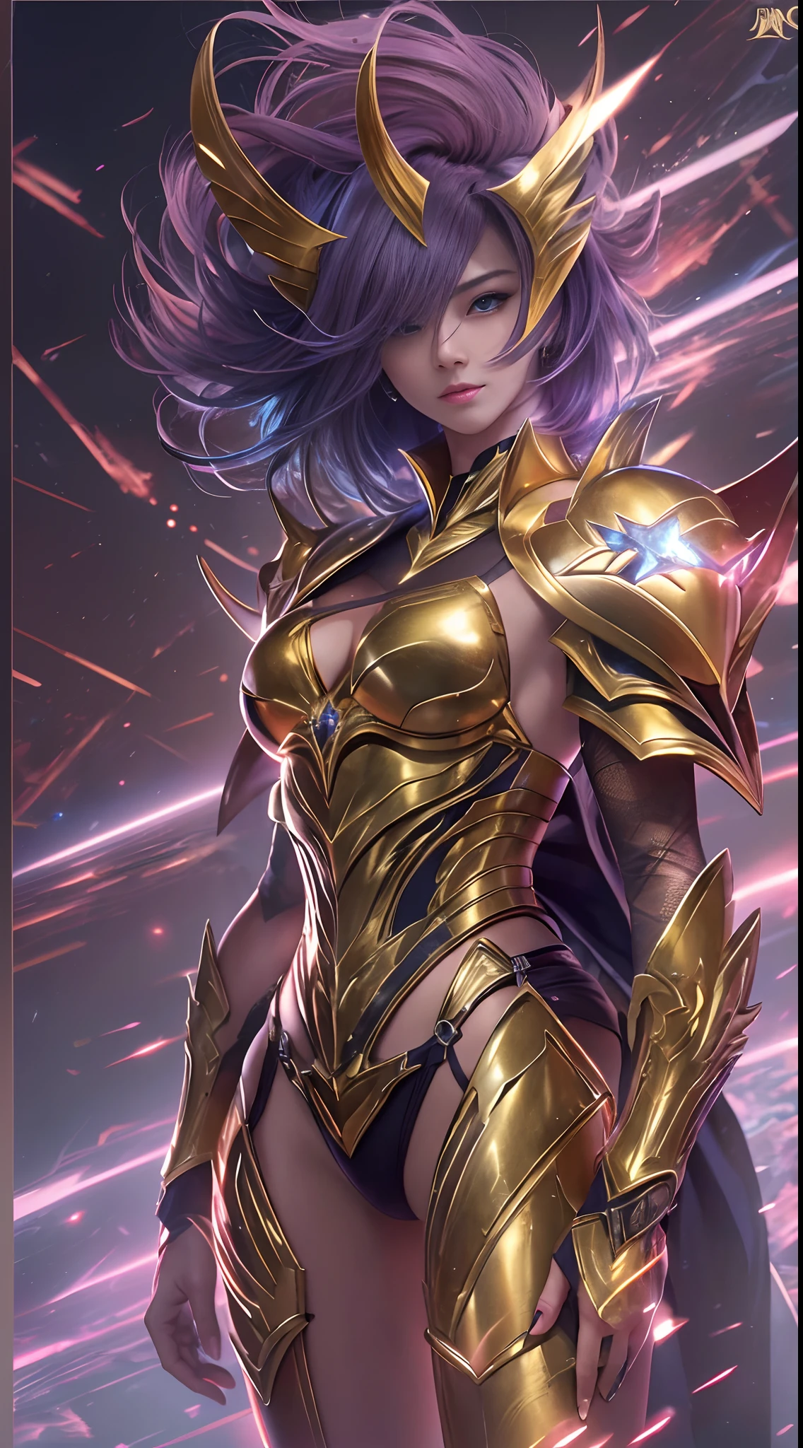 Ultra-high saturation(tmasterpiece), fully body photo,(best qualtiy), (1girll), Wearing shiny gold armor, Sexy lingerie type armor,Expose your chest,Expose the waistline,Exposing thighs,cool-pose, Saint Seiya Armor, messy hair,high detal, Anime style, Cinematic lighting, Sparkle, god light, Ray traching, filmgrain, hyper HD, textureskin, super detailing, Anatomical correct, A high resolution,Ultra-high saturation,hight contrast,High-gloss armor,Smooth skin,An insidious sneer,realisticlying,(tmasterpiece,top Quority,best qualtiy,offcial art,Beauty and aesthetics:1.2),The is very detailed,s fractal art,Extremely colorful,full-body portraits, stunningly beautiful, dynamicposes, delicated face, Vivid eyes,