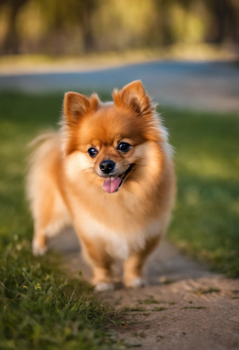 Lulu of small Pomerania in a square, correndo atras de uma bola, face Delicada, tongue out, 8k, foto profissional, Delicado, Correndo, luz solar, Bonito