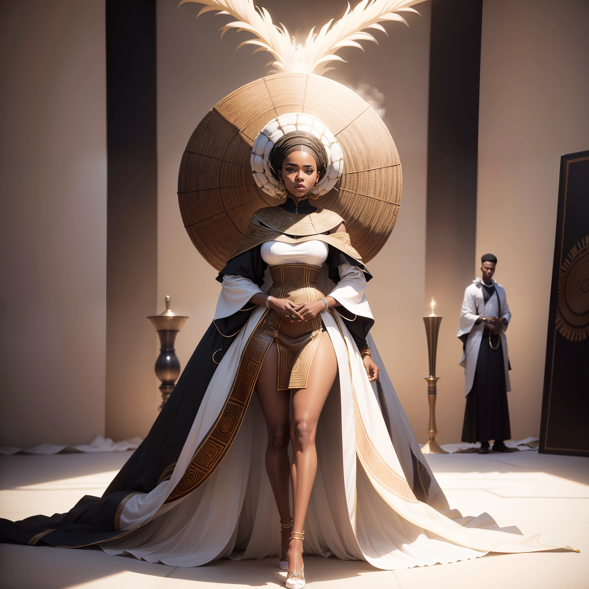 Full body shot of African couple black man and black woman both wearing African designed clothes standing in a coloured white African designed room full of African weapons and African instruments, the whole scene in white colour, white smoke in scene, with iridescent light, highly-realistic image, 32k, ultra HD, cinematic lighting, highly detailed images, vibrant and beautiful colours,