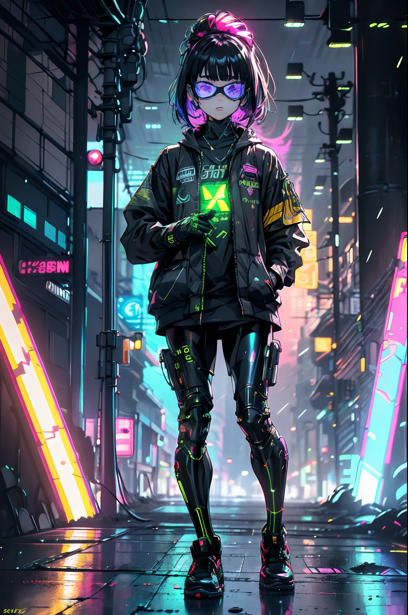 Psychedelic cyborg standing on city street in rainy night, wearing neon glow-colored glowing goggles, 8k, (high quality: 1.1), (cinematic: 1.1), dark deep shadows, incredibly intricate details, art, (up close: 1.1), seen from above, looking at the audience, (flash: 1.1), (chromatic aberration, :1.2) background with floating light artifacts