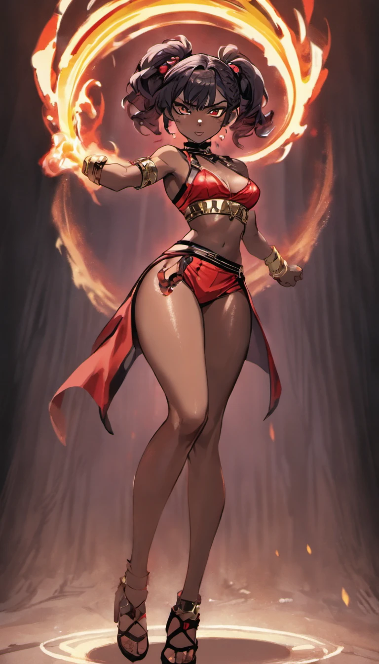 (Masterpiece, ultra-detailed, best quality, highre, ,(((( dark-skinned female))), 25-year-old, Mahagony-skinned, darkskin, , convexed hooked nose, statuesque oblong-shaped face,vivacious black irises, , tone hourglass physique, alluring,(( large breasts, large butt, heart hips, long, toned legs)), taut ,carnal, strong body,Black eyes ,jet black braid hair, prominent ((excited fighter overlooking a battle arena city with hands in her pockets, looking over her shoulder)), (fire-red ankle-length half skirt buckled at her navel, open at the front revealing earth-colored high-thigh shorts, A black and red stripped button crop top with a ribbon-length vest. Both trimmed with gold.) (brown and red Forearm bands, painted nails laced up flats} (hair in a top dragon braid held by an stone flame ornament.}BREAK (( flame, arena, fiery two tone background)), ((Beautiful detailed city, energetic and fast pace atmosphere )) , hyper-stylistic, 5k, 77 gigapixels, , ultra-detailed, unreal 5,2.5d, , ultra-HD} ,Connie Maheswaran,