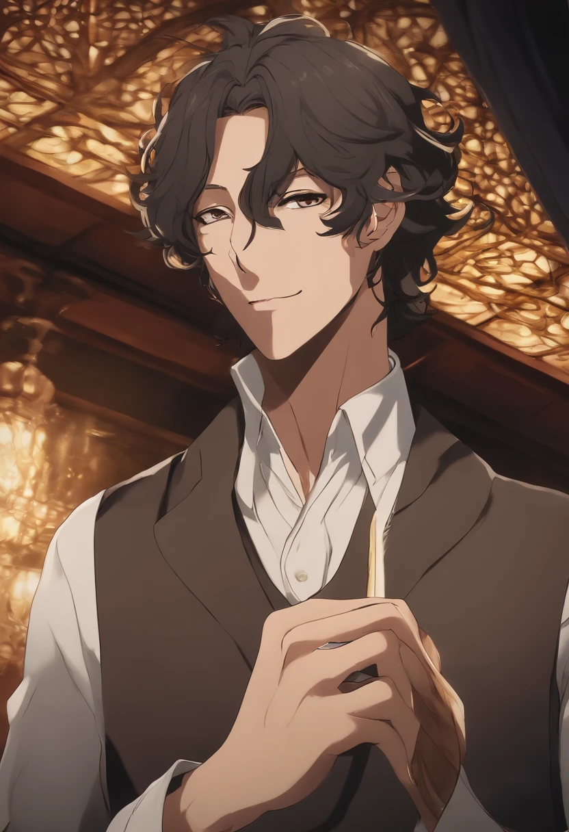 osamu dazai from bungou stray dogs, high detailed, handsome. fine face details, facial details, cinematic lighting, uhd,(upper body), eating nasi goreng.