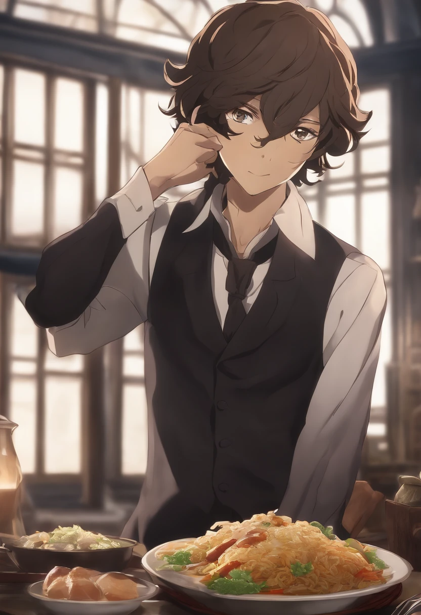 osamu dazai from bungou stray dogs, high detailed, handsome. fine face details, facial details, cinematic lighting, uhd,(upper body), eating nasi goreng.