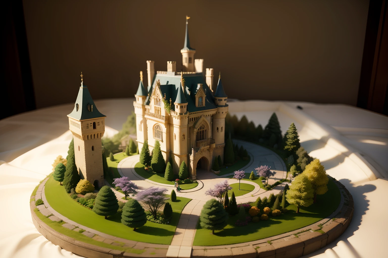 (Pixar style),Miniature Figure Models,Castles and gardens、landscaped gardens、Beautifully flowered gardens、fantasy castle、no man、Bright and natural light、Right-to-left light source, Rambrandt Lighting, Right-to-left light source, (Isometric view), (top down), Realistic scale, Post-processing,Aerial photography、longshot、Significant shrinkage:1.5、photos realistic、Super Detail, Realistic, Super realistic, lifelike rendering, Slightly dim lighting、Professional Photographer
