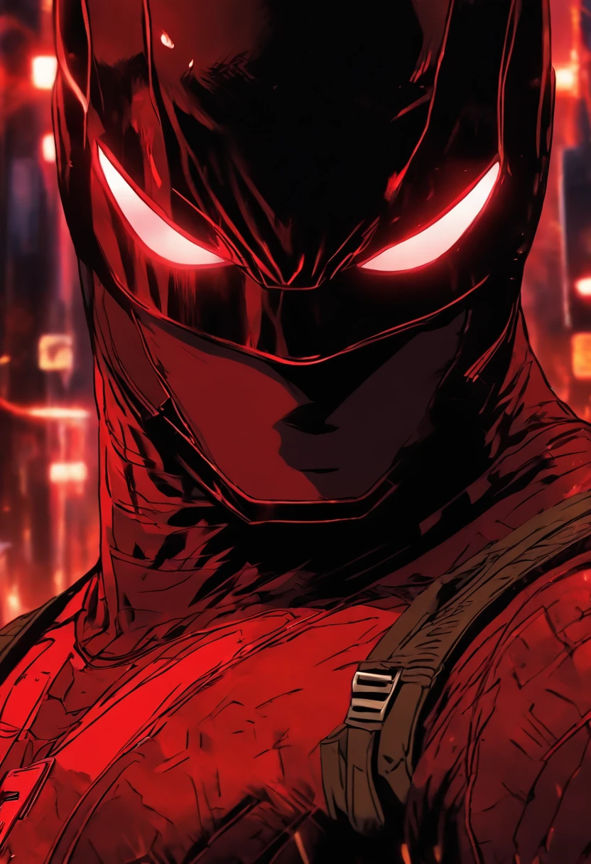 Daredevil as a teenager in a red combat suit, avec de petites lignes rouges et des yeux rouges, un masque demi-rouge, and a hint of smirking, with two small horns protruding from the top of the head. Version anime poster