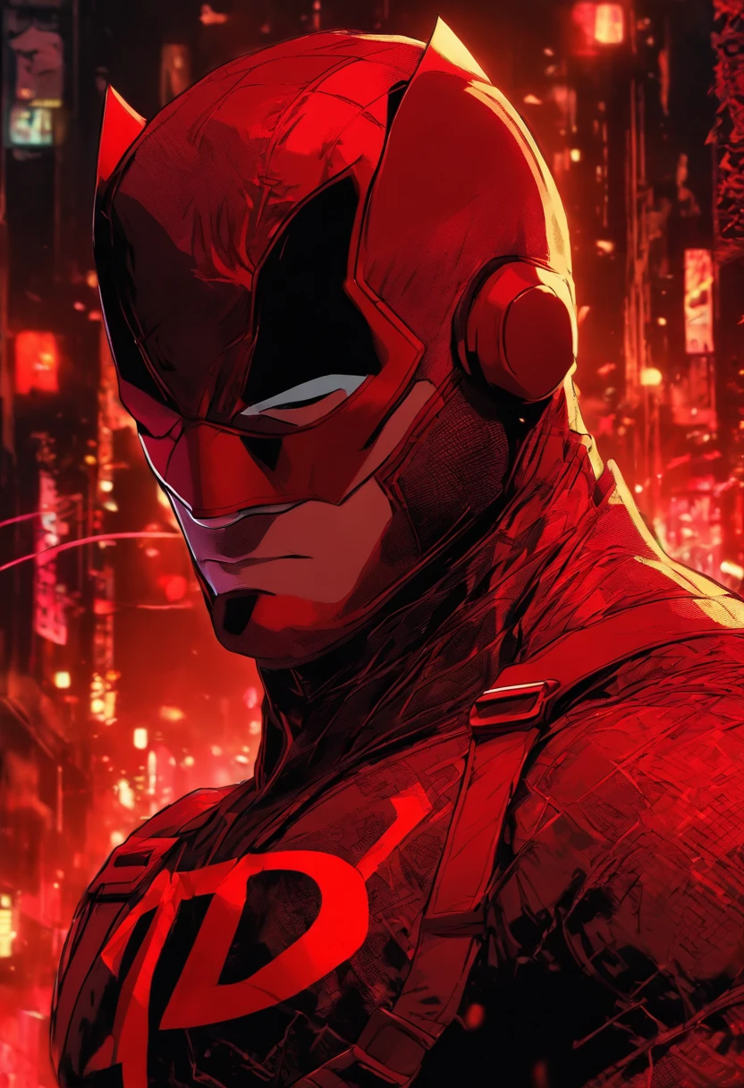 Daredevil as a teenager in a red combat suit, avec de petites lignes rouges et des yeux rouges, un masque demi-rouge, and a hint of smirking, with two small horns protruding from the top of the head. Version anime poster