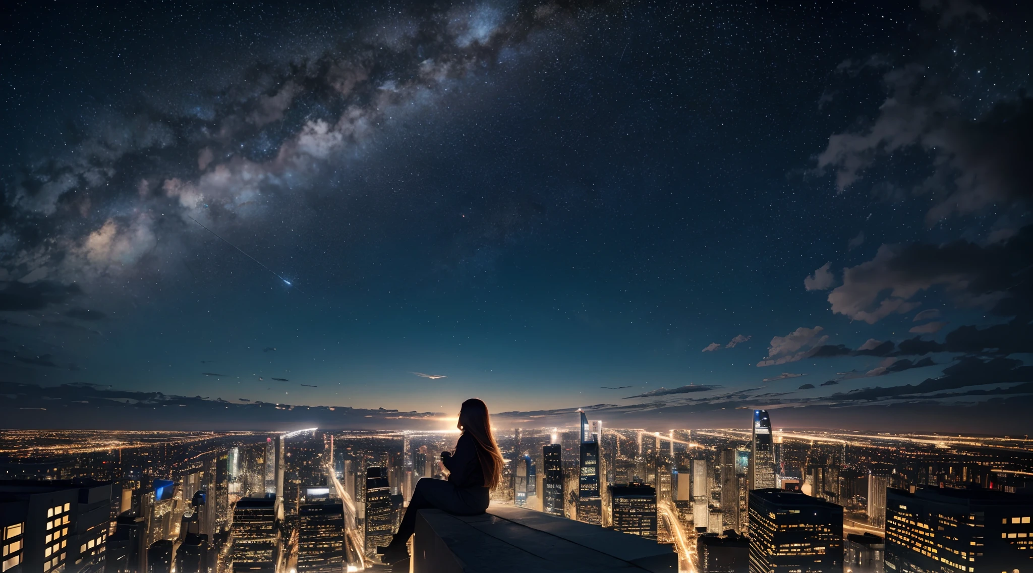 (best quality,4k,8k,highres,masterpiece:1.2),ultra-detailed,(realistic,photorealistic,photo-realistic:1.37),clear starry night sky,shining stars all over the sky,peaceful scenery of a starry sky,beautiful girl sitting on a rooftop, mesmerized by the view,long flowing hair gently swaying in the wind,cityscape below with towering buildings and city lights,soft clouds floating by,the Milky Way stretching across the horizon,nighttime ambiance casting a magical glow,silhouette of the girl against the night sky,sole figure enjoying the solitude and serenity of the outdoors