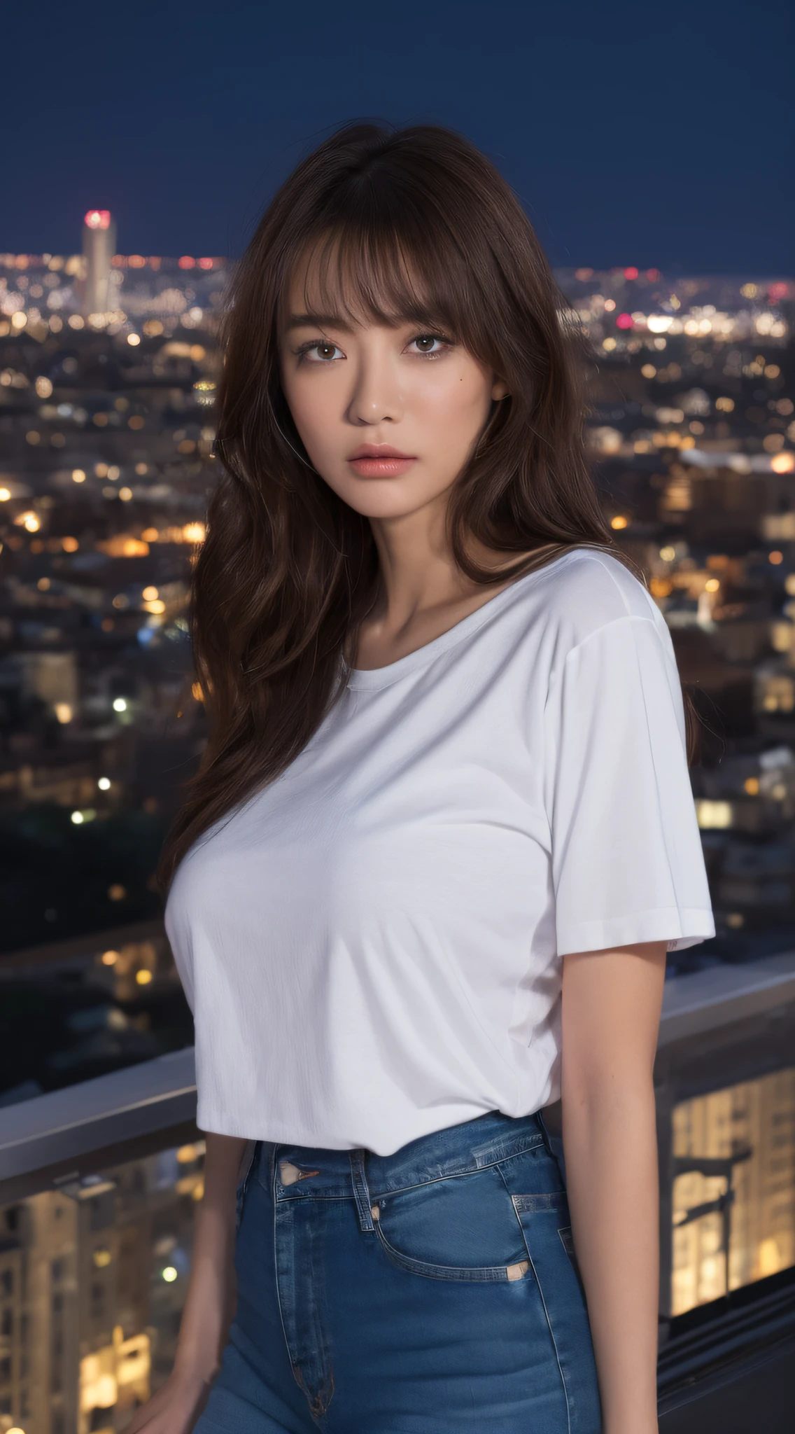 ((midynight、top-quality、8K、tmasterpiece:1.3)), full bodyesbian, long leges, foco nítido:1.2, A Beautiful Woman with Perfect Figure:1.4, Slender abs:1.1, ((dark brown hair、huge tit:1.2)), (white tight t-shirt、skintight jeans 、It's standing:1.2), ((night cityscape、on the rooftop:1.3)), Highly detailed facial and skin texture, A detailed eye, 二重まぶた