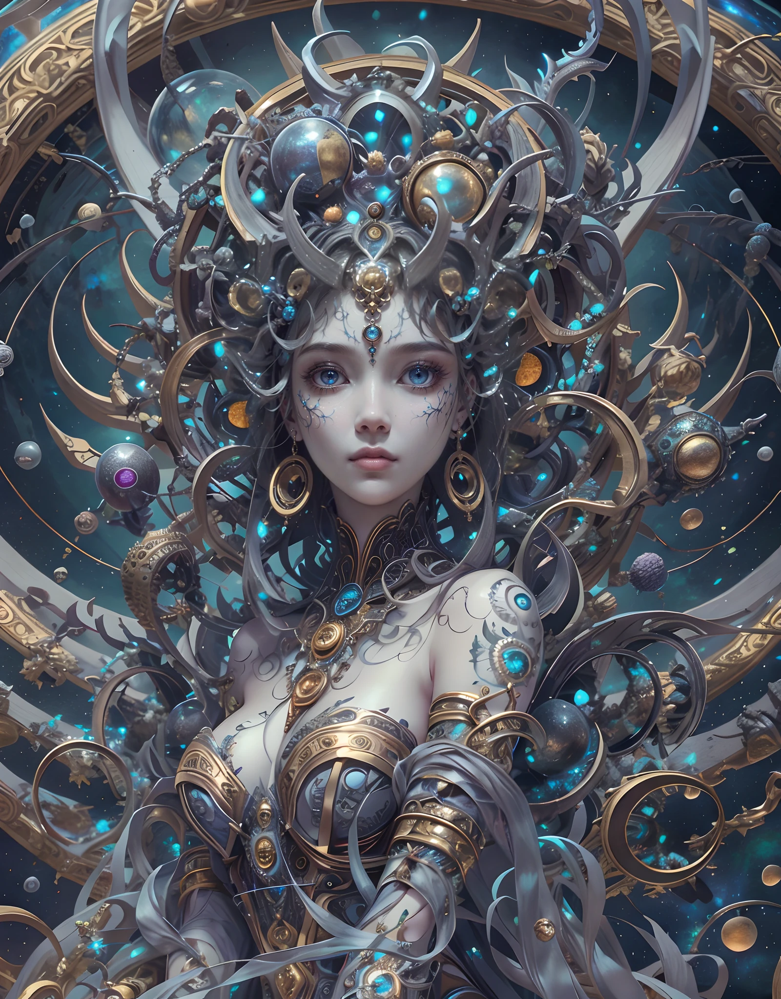 (best qualtiy,ultra - detailed,Most Best Illustration,Best shadow,tmasterpiece,A high resolution,professionalartwork,famousartwork),Detailed eyes,beautidful eyes,closeup cleavage,sci-fy,colored sclera,Robot eyes,face markings,Tattooed with,(fractalized,Fractal eyes),largeeyes,Wide eyes,(Eye focus),sface focus,Cosmic eyes,Space eyes,Close-up of metal sculpture of a woman with a moon in her hair,goddes。extremly high detail,3 d goddess portrait,Extremely detailed footage of the goddess,a stunning portrait of a goddess,Side portrait of the goddess,portrait of a beautiful goddess,Full body close-up portrait of the goddess,hecate goddess,portrait of a norse moon goddess,goddess of space and time