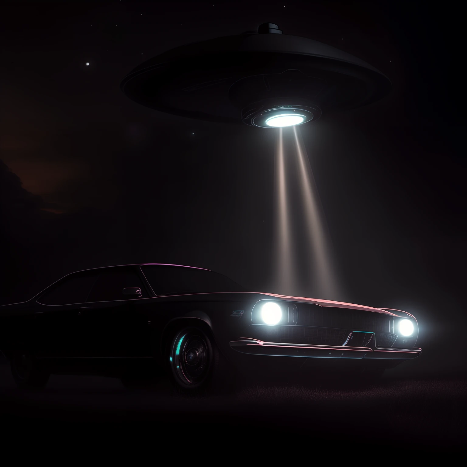 There is a car that is parked on the grass at night, Rapto de OVNIs, ufo lighting, alien abduction, OVNI, Pouso de OVNIs, Ovnis, UFO AttackLogical, alien mothership in the sky, abduction, unpublished photo of ufo, OVNIlogia, extraterrestre, disco voador, Inspirado em Roger Deakins, The headlights are on, Caiu em Roswell