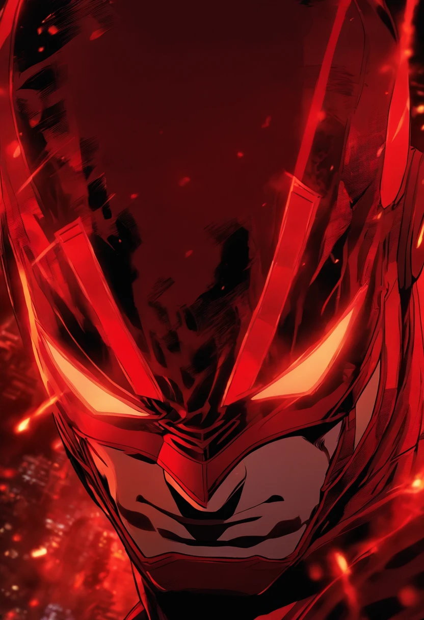 Daredevil adolescent dans un costume de combat rouge, avec de petites lignes rouges et des yeux rouges, un masque demi-rouge, and a hint of smirking, with two small horns protruding from the top of the head. Version anime poster