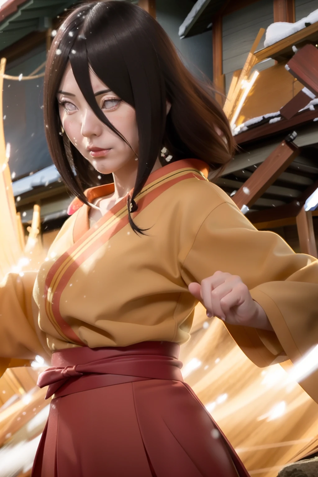 Hanabi hyuga A woman was seen wearing a dark-yellow kimono with an orange line. With a dark-red obi And a bright red skirt. He had long brown hair. And white as snow. And her rosy cheeks. And those little red lips. He looked intently into the camera. So pretty and realistic