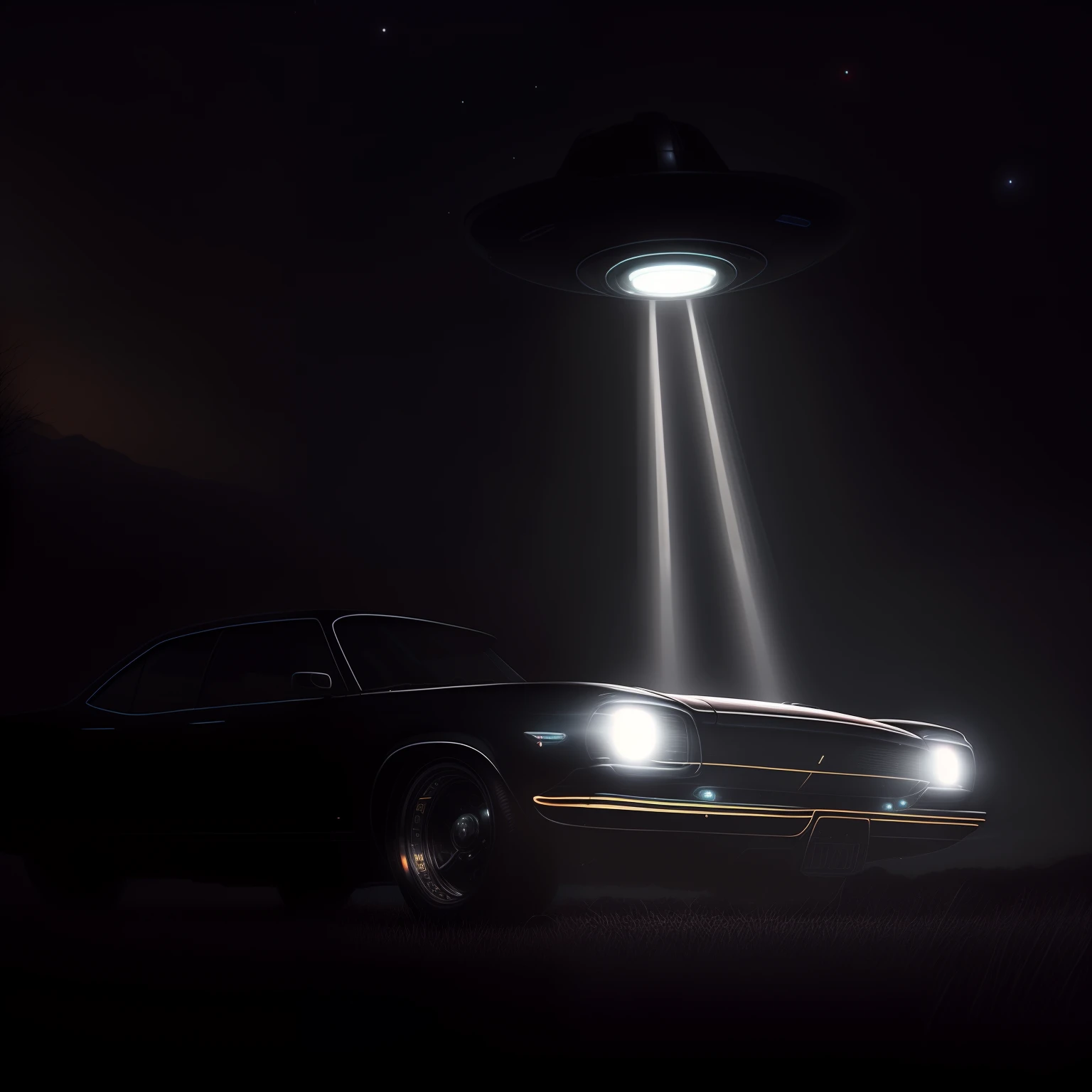 There is a car that is parked on the grass at night, Rapto de OVNIs, ufo lighting, alien abduction, OVNI, Pouso de OVNIs, Ovnis, UFO AttackLogical, alien mothership in the sky, abduction, unpublished photo of ufo, OVNIlogia, extraterrestre, disco voador, Inspirado em Roger Deakins, The headlights are on, Caiu em Roswell