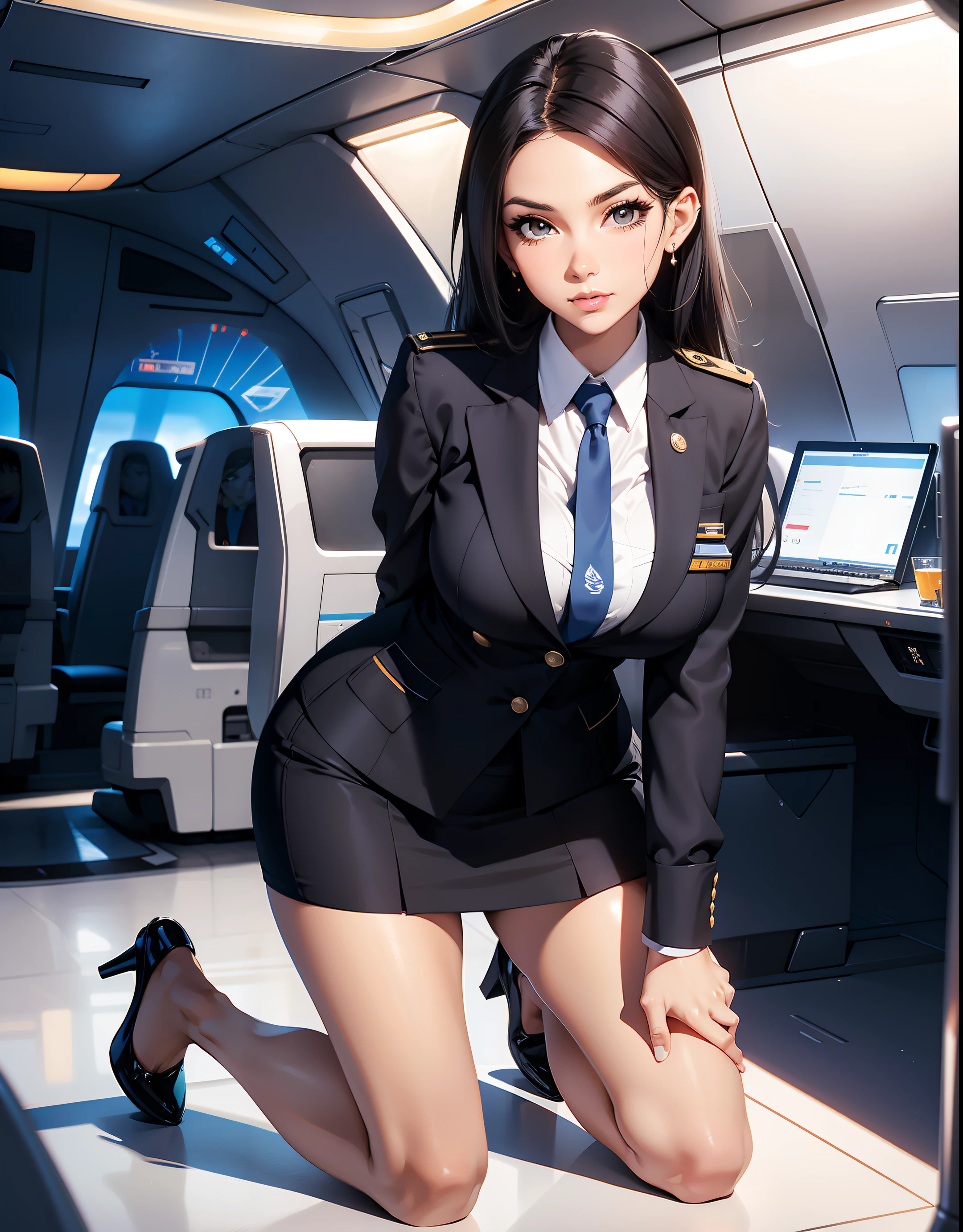 high-definition image, (((round face))), eyes realistic sizing, realistic skin, drooping eyes, smiling, skyscrapers, hair up, tiny earrings, ecstasy face, ((spread legs, showing off masturbating, touching her pubic hair, squirting from her pubic is inserted machine handle)),