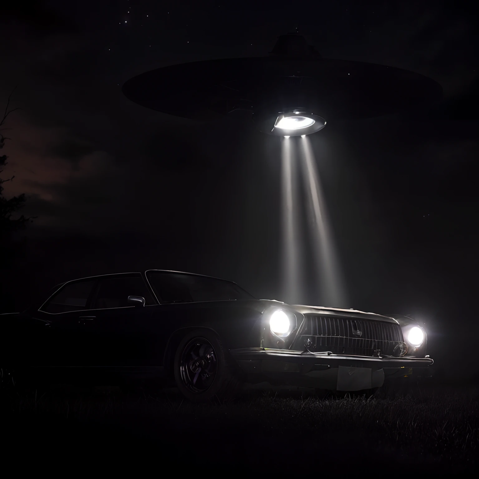There is a car that is parked on the grass at night, Rapto de OVNIs, ufo lighting, alien abduction, OVNI, Ovnis, Pouso de OVNIs, UFO AttackLogical, alien mothership in the sky, abduction, unpublished photo of ufo, OVNIlogia, extraterrestre, disco voador, Inspirado em Roger Deakins, The headlights are on, Caiu em Roswell