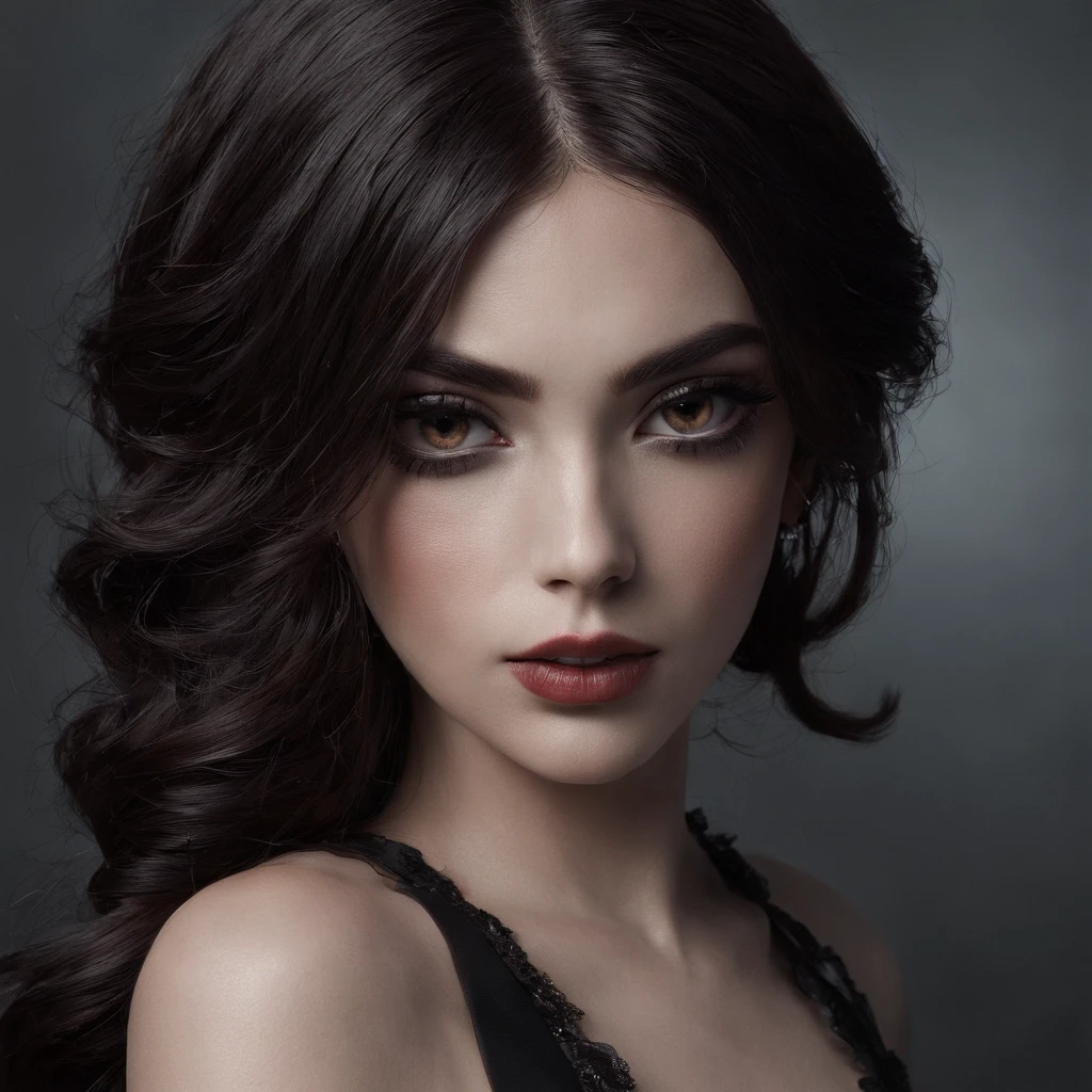 (melhor qualidade,Altas,ultra-detalhado),Dark and mysterious girl with brown eyes and symbolic Gothic clothes,arame farpado cobrindo seu corpo,Cabelo castanho longo escuro,fios cinzentos nas extremidades,Retratos,foco nítido,profissional,Bokeh,dramatic lighting,paleta de cores escura e mal-humorada