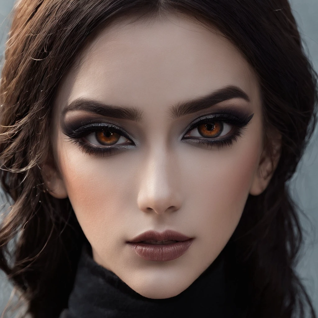 (melhor qualidade,Altas,ultra-detalhado),Dark and mysterious girl with brown eyes and symbolic Gothic clothes,arame farpado cobrindo seu corpo,Cabelo castanho longo escuro,fios cinzentos nas extremidades,Retratos,foco nítido,profissional,Bokeh,dramatic lighting,paleta de cores escura e mal-humorada